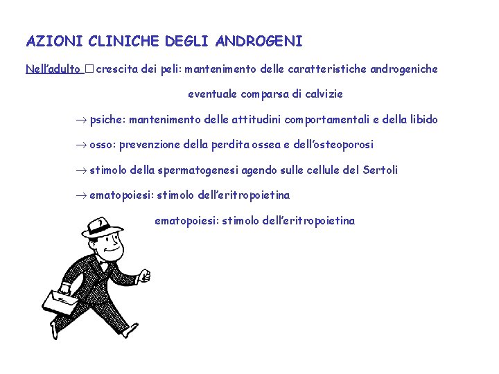 AZIONI CLINICHE DEGLI ANDROGENI Nell’adulto � crescita dei peli: mantenimento delle caratteristiche androgeniche eventuale