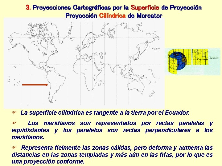 3. Proyecciones Cartográficas por la Superficie de Proyección Cilíndrica de Mercator La superficie cilíndrica