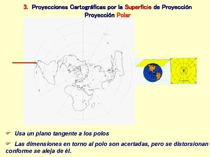 3. Proyecciones Cartográficas por la Superficie de Proyección Polar Usa un plano tangente a