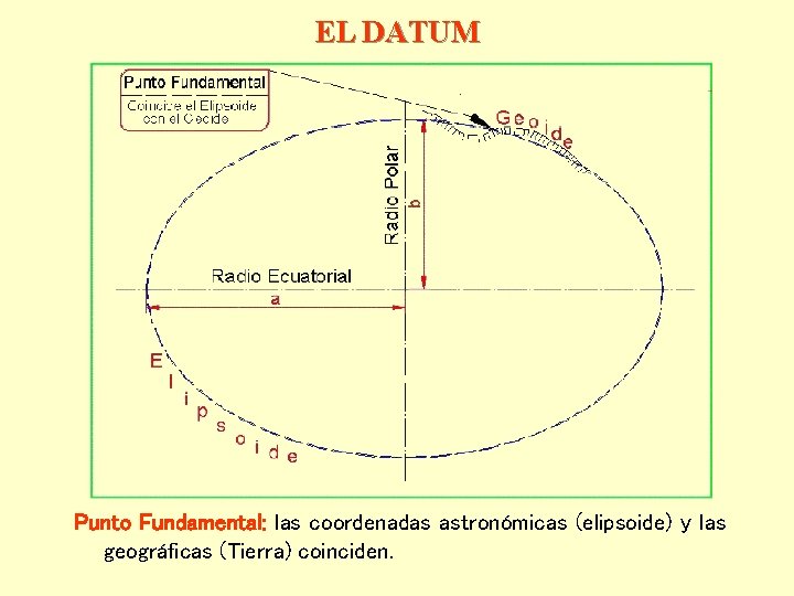 EL DATUM Punto Fundamental: las coordenadas astronómicas (elipsoide) y las geográficas (Tierra) coinciden. 