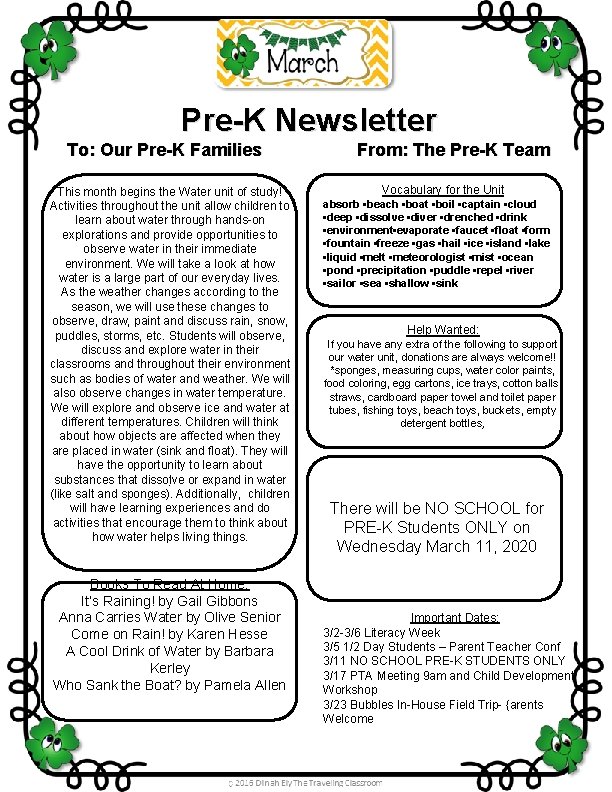 Pre-K Newsletter To: Our Pre-K Families This month begins the Water unit of study!