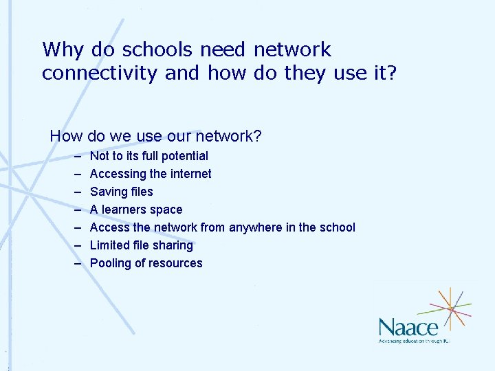 Why do schools need network connectivity and how do they use it? How do Why do schools need network connectivity and how do they use it? How do