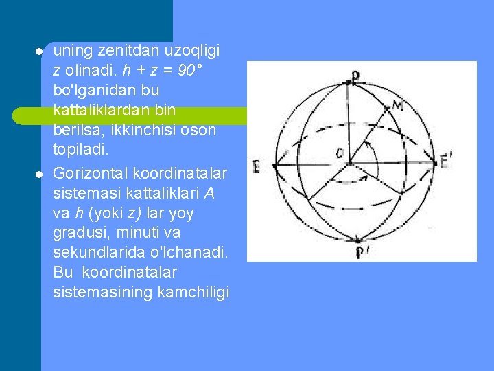 l l uning zenitdan uzoqligi z olinadi. h + z = 90° bo'lganidan bu