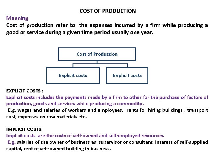 COST OF PRODUCTION Meaning Cost of production refer to the expenses incurred by a