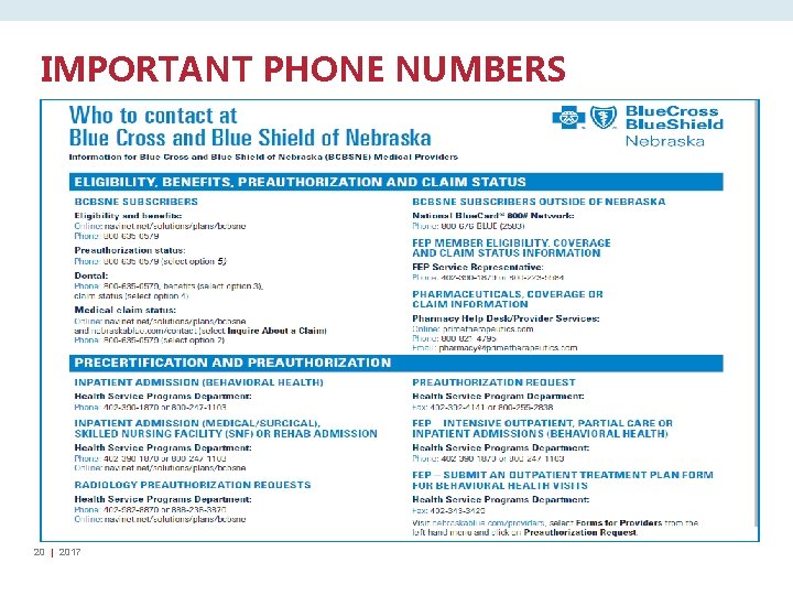 IMPORTANT PHONE NUMBERS 20 | 2017 