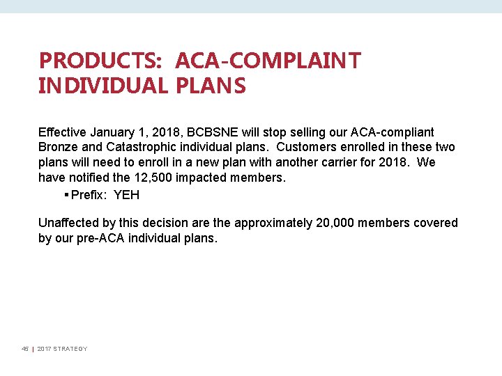 PRODUCTS: ACA-COMPLAINT INDIVIDUAL PLANS Effective January 1, 2018, BCBSNE will stop selling our ACA-compliant