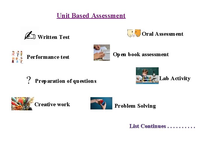 Unit Based Assessment Written Test Performance test Oral Assessment Open book assessment Lab Activity