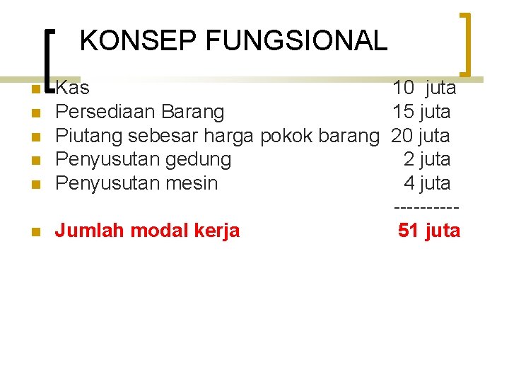 KONSEP FUNGSIONAL n n n Kas 10 juta Persediaan Barang 15 juta Piutang sebesar