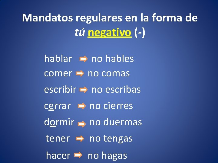 Mandatos regulares en la forma de tú negativo (-) hablar comer escribir cerrar dormir