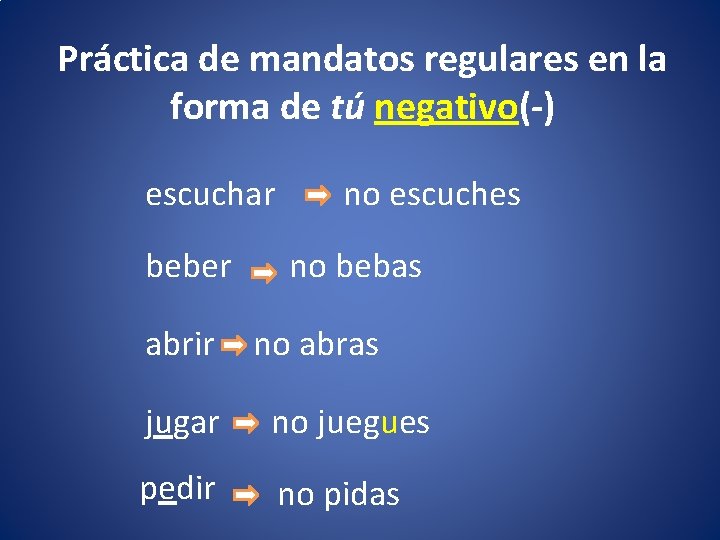 Práctica de mandatos regulares en la forma de tú negativo(-) escuchar beber abrir no