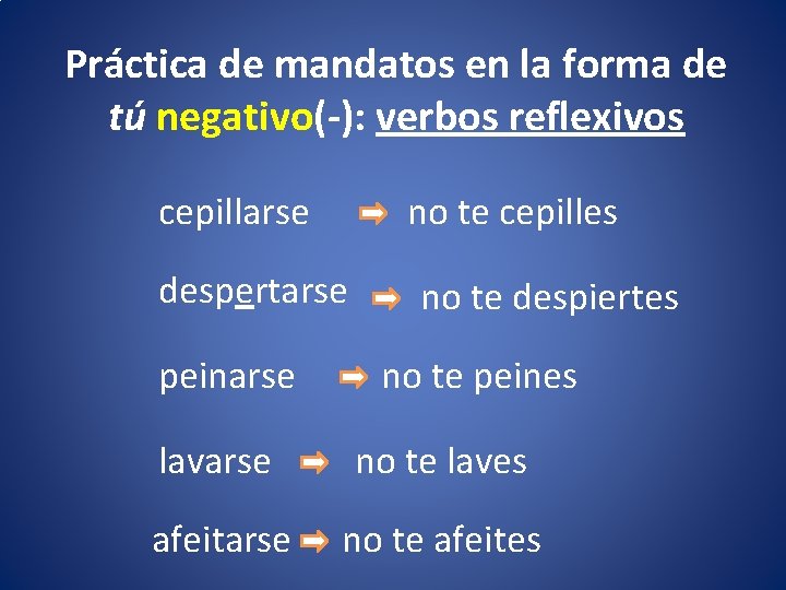 Práctica de mandatos en la forma de tú negativo(-): verbos reflexivos cepillarse no te