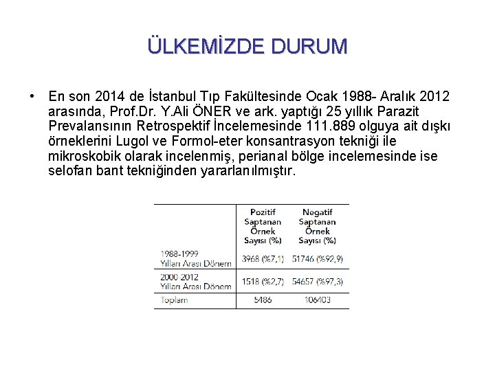 ÜLKEMİZDE DURUM • En son 2014 de İstanbul Tıp Fakültesinde Ocak 1988 - Aralık