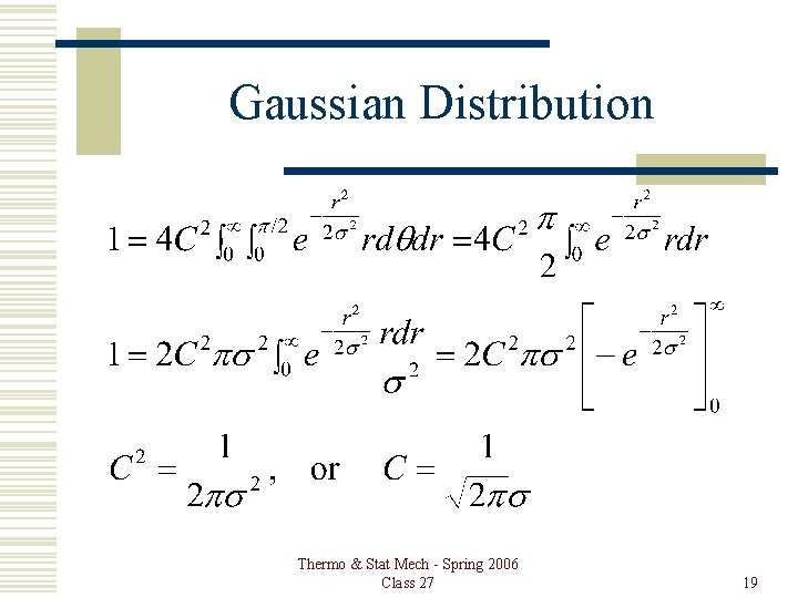 Gaussian Distribution Thermo & Stat Mech - Spring 2006 Class 27 19 