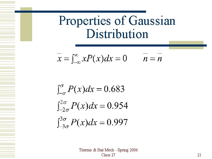 Properties of Gaussian Distribution Thermo & Stat Mech - Spring 2006 Class 27 21