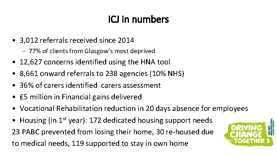 ICJ in numbers • 3, 012 referrals received since 2014 – 77% of clients ICJ in numbers • 3, 012 referrals received since 2014 – 77% of clients
