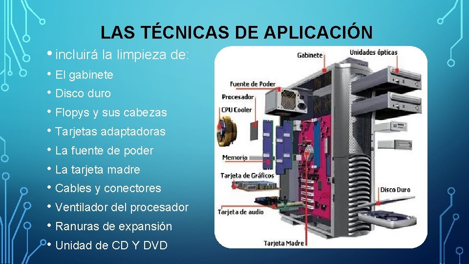 LAS TÉCNICAS DE APLICACIÓN • incluirá la limpieza de: • El gabinete • Disco