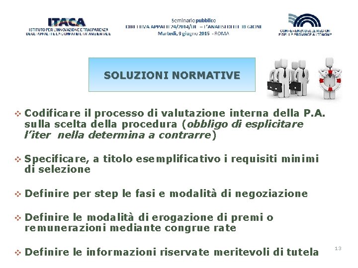 SOLUZIONI NORMATIVE v Codificare il processo di valutazione interna della P. A. sulla scelta