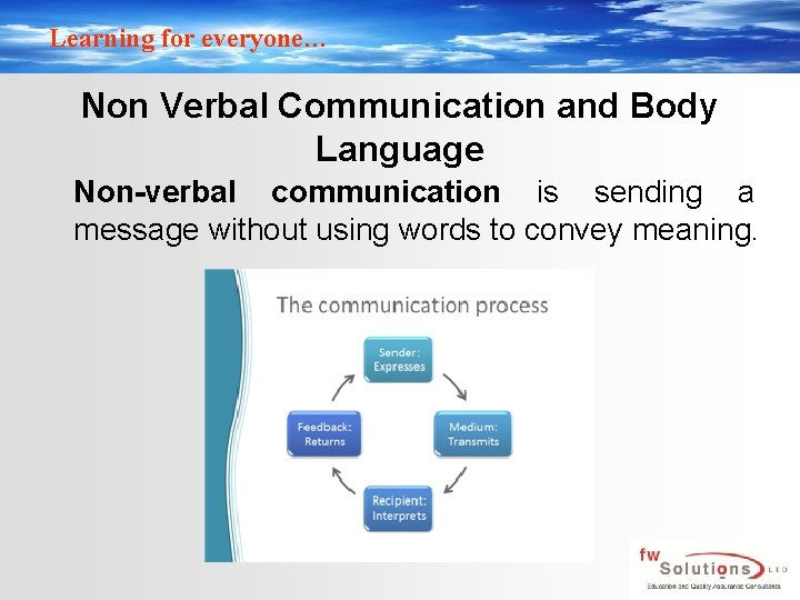 Learning for everyone… Non Verbal Communication and Body Language Non-verbal communication is sending a