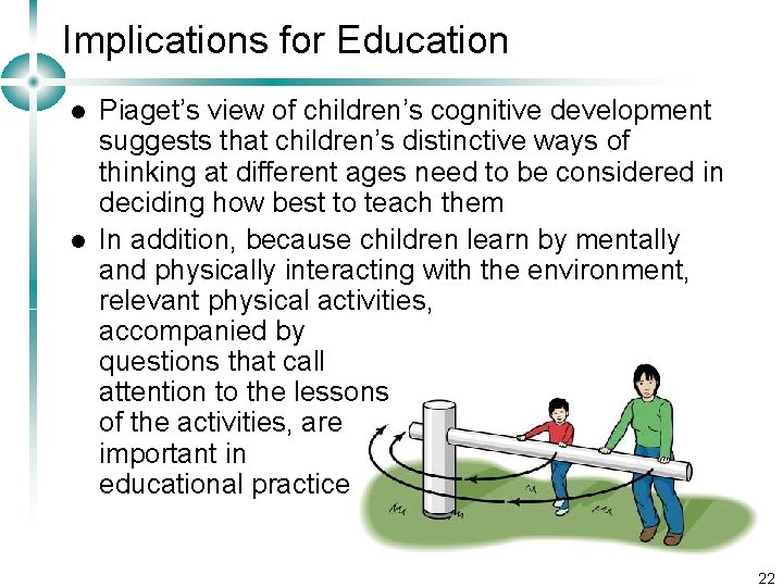 Implications for Education l l Piaget’s view of children’s cognitive development suggests that children’s