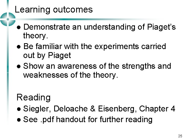 Learning outcomes Demonstrate an understanding of Piaget’s theory. l Be familiar with the experiments