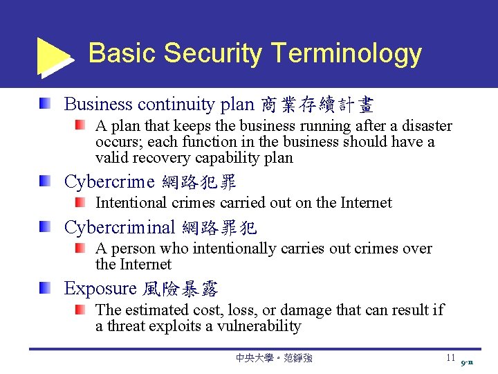 Basic Security Terminology Business continuity plan 商業存續計畫 A plan that keeps the business running