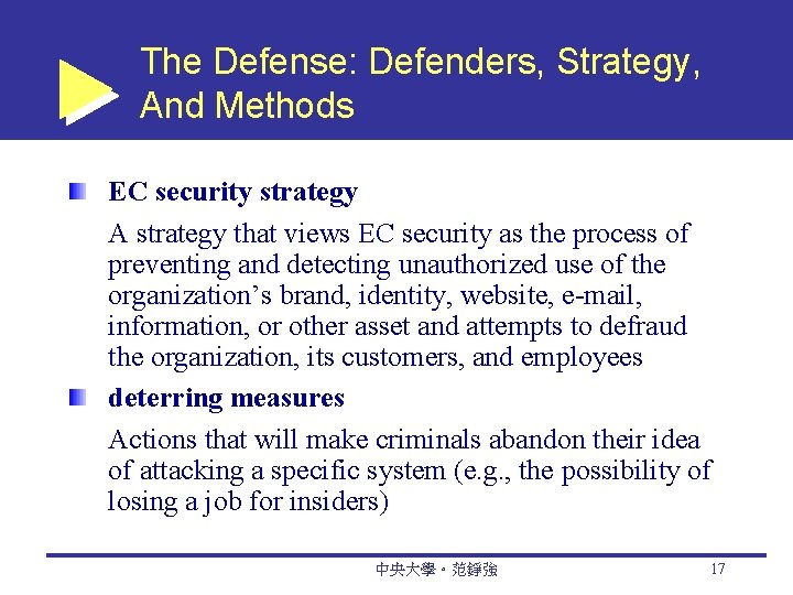 The Defense: Defenders, Strategy, And Methods EC security strategy A strategy that views EC