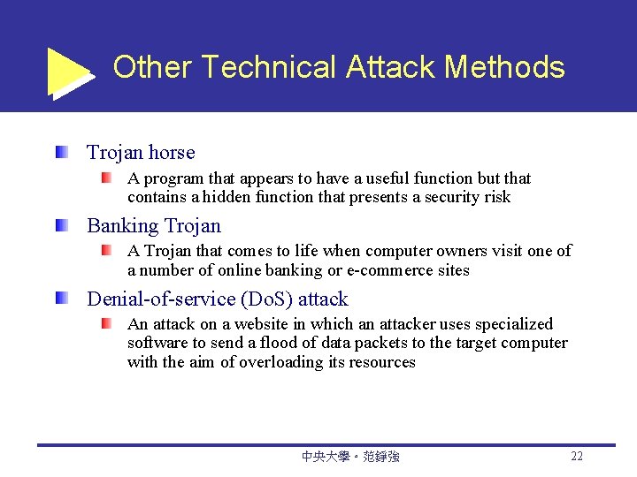 Other Technical Attack Methods Trojan horse A program that appears to have a useful