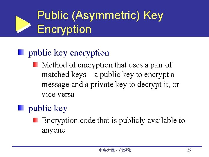 Public (Asymmetric) Key Encryption public key encryption Method of encryption that uses a pair