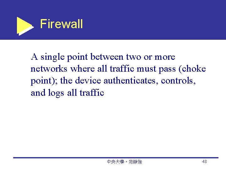 Firewall A single point between two or more networks where all traffic must pass