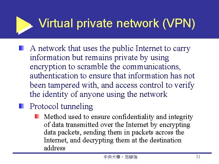 Virtual private network (VPN) A network that uses the public Internet to carry information