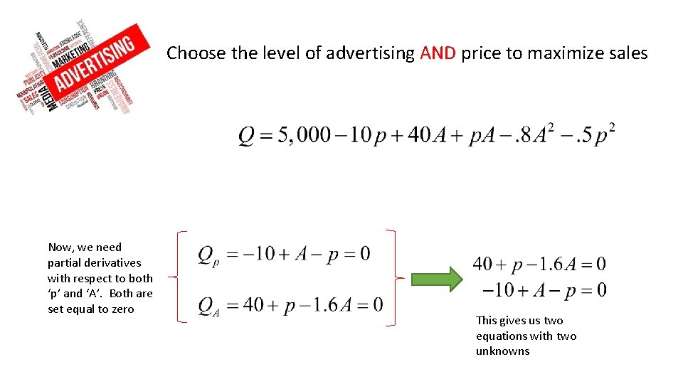 Choose the level of advertising AND price to maximize sales Now, we need partial