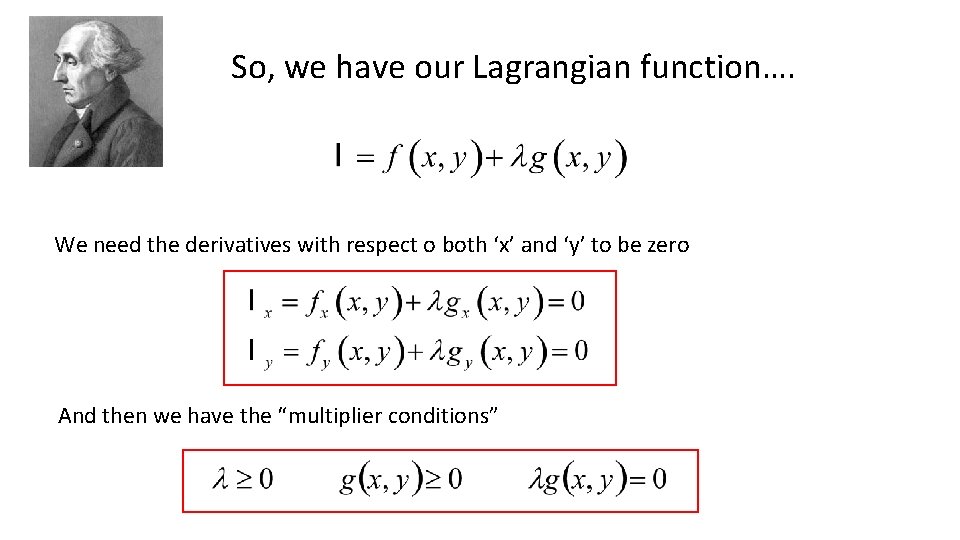So, we have our Lagrangian function…. We need the derivatives with respect o both
