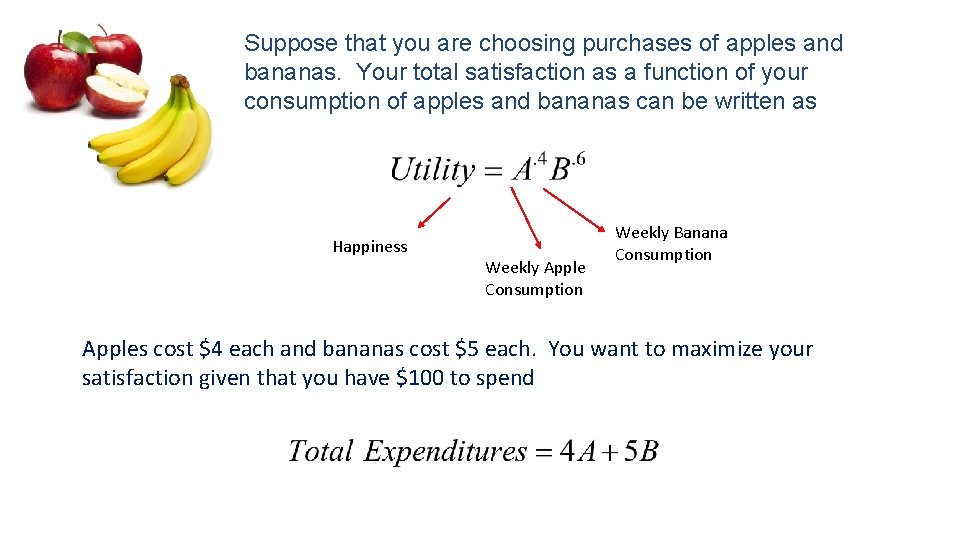 Suppose that you are choosing purchases of apples and bananas. Your total satisfaction as