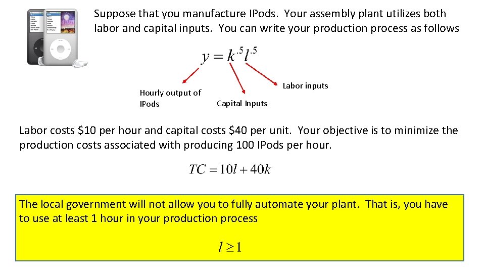 Suppose that you manufacture IPods. Your assembly plant utilizes both labor and capital inputs.