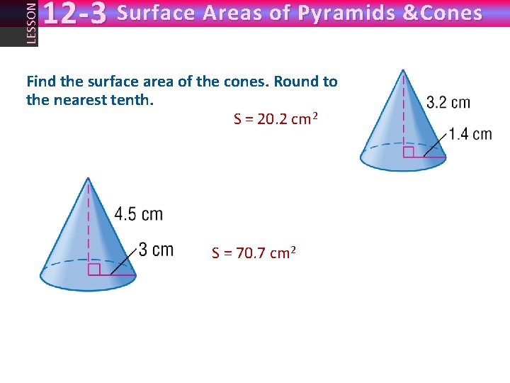LESSON 12 -3 Surface Areas of Pyramids &Cones Find the surface area of the