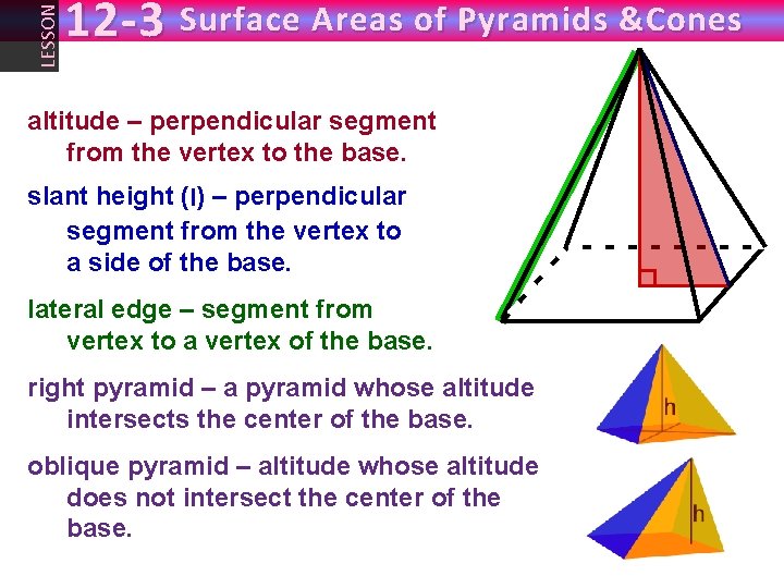 LESSON 12 -3 Surface Areas of Pyramids &Cones altitude – perpendicular segment from the