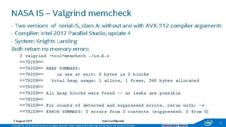 NASA IS – Valgrind memcheck - Two versions of serial IS, class A: without