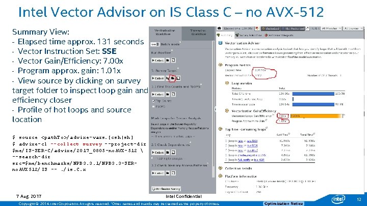Intel Vector Advisor on IS Class C – no AVX-512 Summary View: - Elapsed
