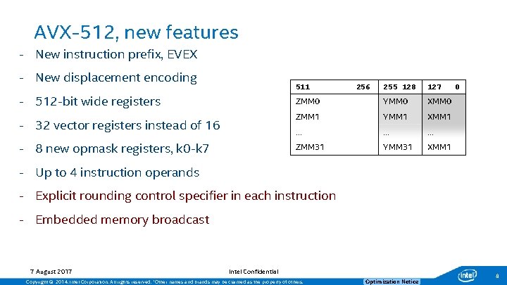 AVX-512, new features - New instruction prefix, EVEX - New displacement encoding 511 -