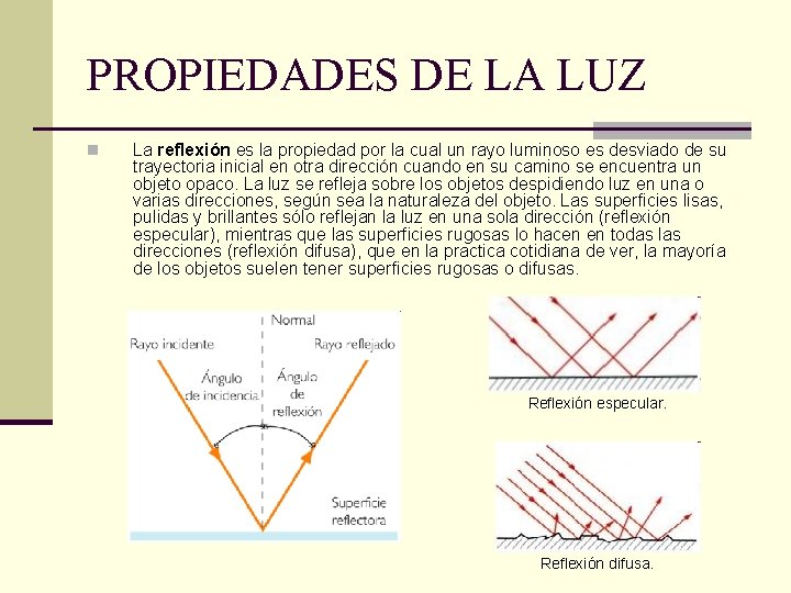 PROPIEDADES DE LA LUZ n La reflexión es la propiedad por la cual un