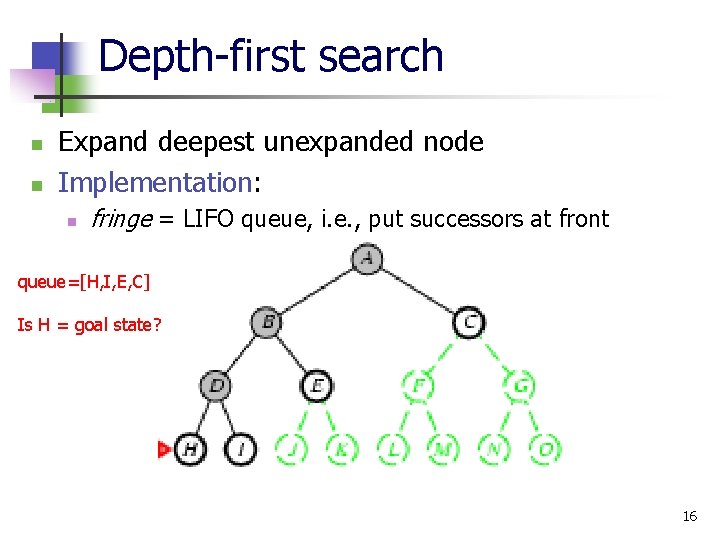 Depth-first search n n Expand deepest unexpanded node Implementation: n fringe = LIFO queue,