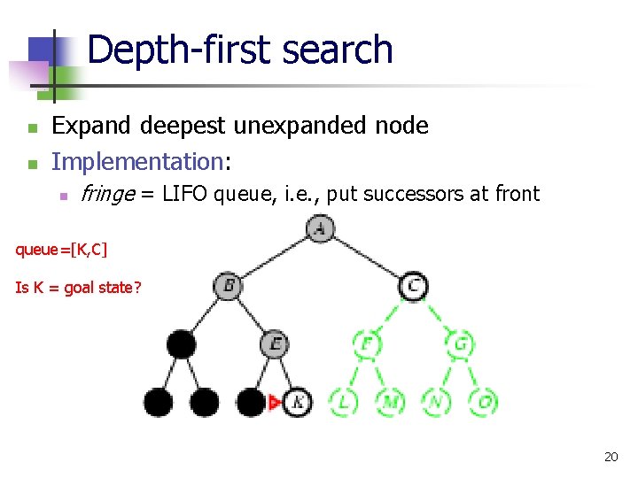 Depth-first search n n Expand deepest unexpanded node Implementation: n fringe = LIFO queue,
