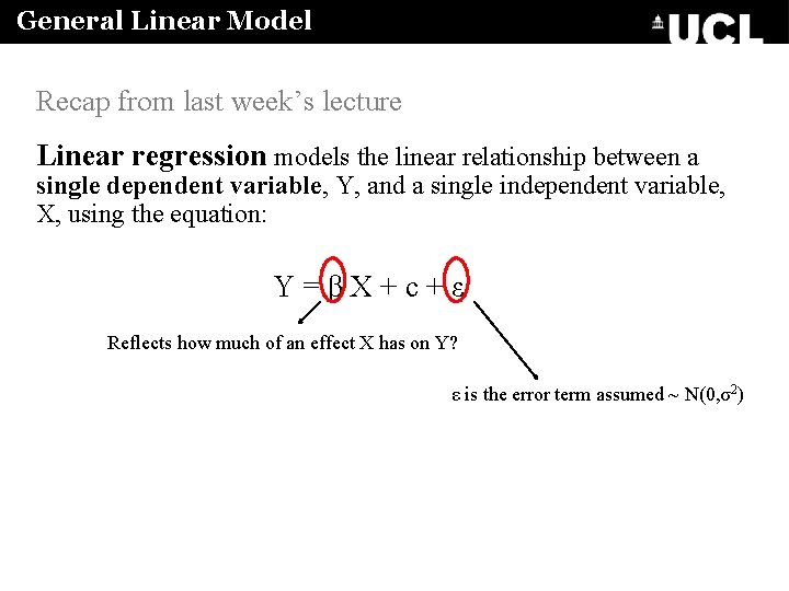 General Linear Model Recap from last week’s lecture Linear regression models the linear relationship