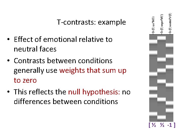 T-contrasts: example • Effect of emotional relative to neutral faces • Contrasts between conditions