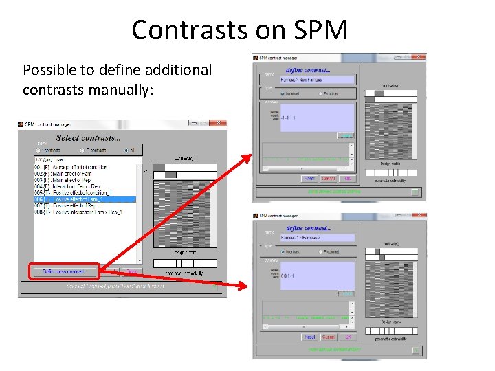 Contrasts on SPM Possible to define additional contrasts manually: 