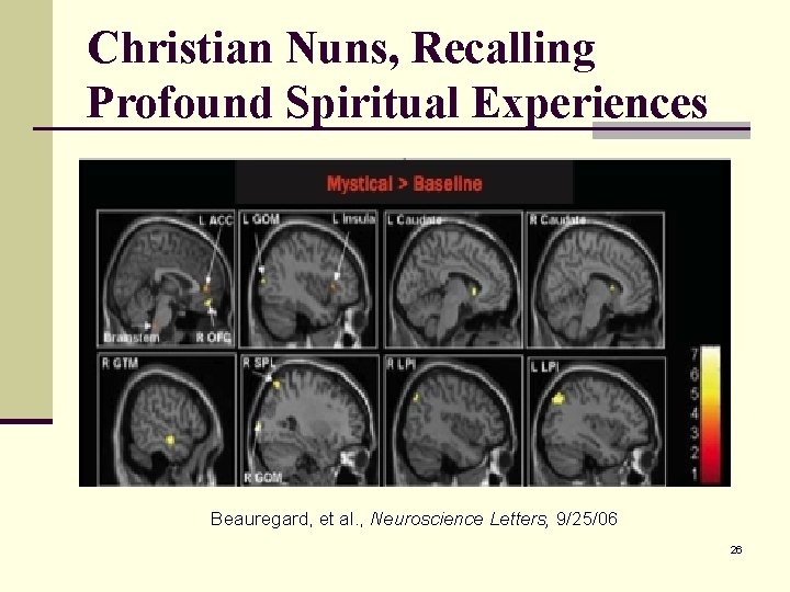 Christian Nuns, Recalling Profound Spiritual Experiences Beauregard, et al. , Neuroscience Letters, 9/25/06 26
