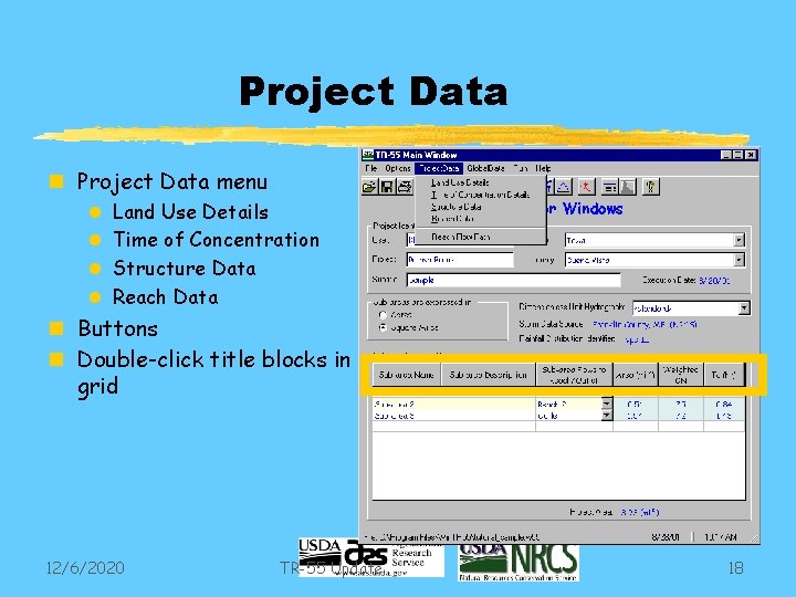 Project Data n Project Data menu l l Land Use Details Time of Concentration