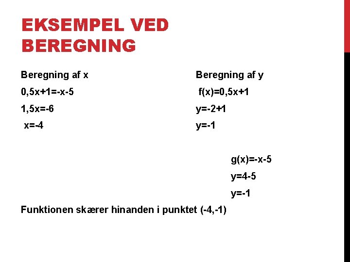 EKSEMPEL VED BEREGNING Beregning af x 0, 5 x+1=-x-5 Beregning af y f(x)=0, 5