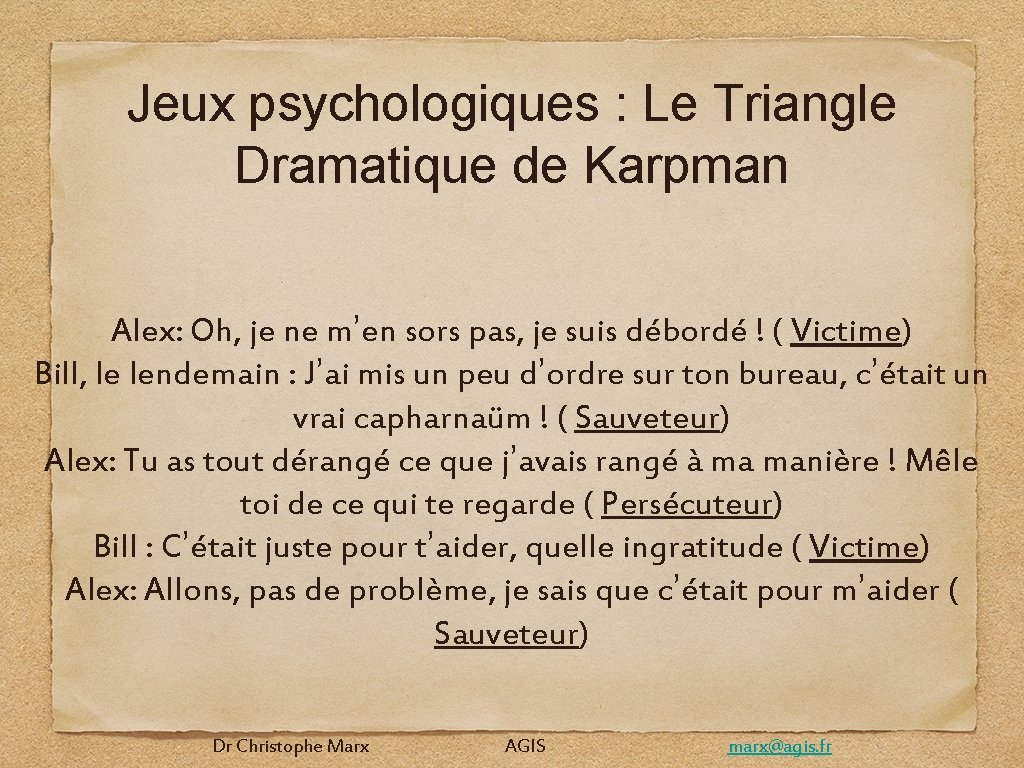 Jeux psychologiques : Le Triangle Dramatique de Karpman Alex: Oh, je ne m’en sors