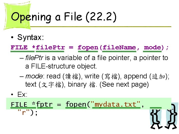 Opening a File (22. 2) • Syntax: FILE *file. Ptr = fopen(file. Name, mode); Opening a File (22. 2) • Syntax: FILE *file. Ptr = fopen(file. Name, mode);